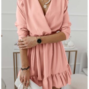 Rozkloszowana sukienka z falbankami MOLLY - pudrowy róż