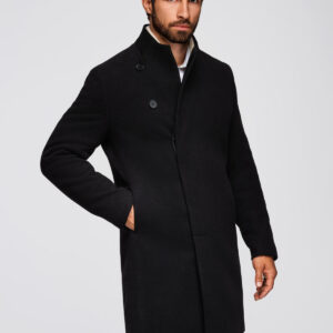 Męski płaszcz z wysokim kołnierzem i asymetrycznym zapięciem – czarny V2