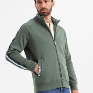 Męska bluza dresowa z wysokim kołnierzem i lampasami – oliwkowa V2