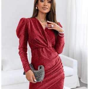 Brokatowa sukienka z kopertowym dekoltem ZAKIA -czerwona