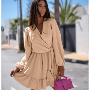 Rozkloszowana sukienka z falbanką - KALIFORNIA - beżowa