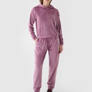 4F Bluza dresowa z weluru nierozpinana z kapturem damska - różowa