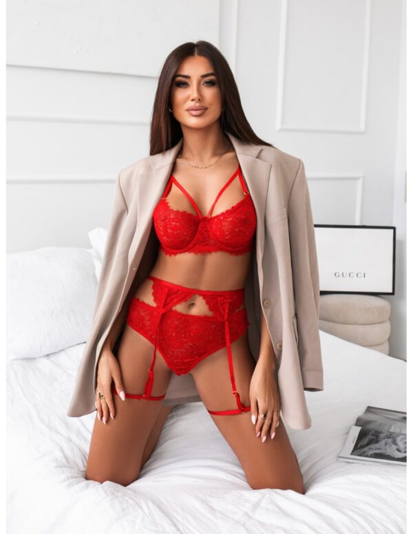 Komplet bielizny z pasem do pończoch - PALISSO - czerwony