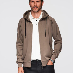 Męska bluza rozpinana ze stójką i kapturem – szarobrązowa V3