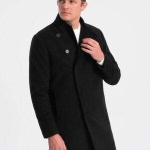 Płaszcz męski z asymetrycznym zapięciem - czarny V2