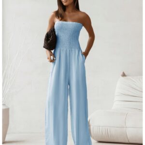 Lniany kombinezon z szerokimi nogawkami MALIA - błękitny