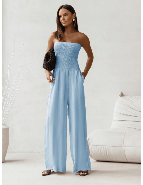 Lniany kombinezon z szerokimi nogawkami MALIA - błękitny