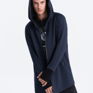 Dłuższa bluza męska rozpinana z obszernym kapturem PRAGA - granatowa