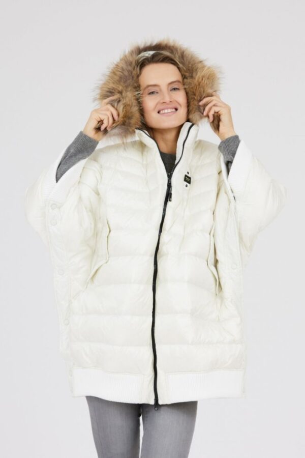 BLAUER Ecru damski puchowy płaszcz z futrem jenota