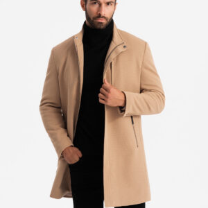 Strukturalny dopasowany płaszcz męski z wysokim kołnierzem – jasnobrązowy V4