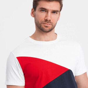 Trójkolorowy t-shirt męski bawełniany - biało-granatowy V3