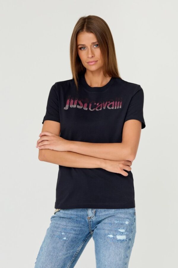 JUST CAVALLI Czarny damski t-shirt R LOGO CRYSTAL