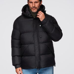 Pikowana męska kurtka z wysoko zapinanym kapturem – czarna V1