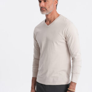 Longsleeve męski bez nadruku z dekoltem w serek - jasnobeżowy V1
