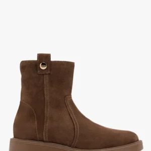 Brązowe welurowe botki damskie na płaskie podeszwie