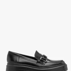 Czarne mokasyny damskie z ozdobą na cholewce