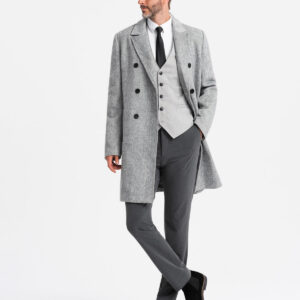 Elegancki dwurzędowy męski płaszcz w jodełkę – szary V1