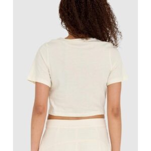 GUESS Kremowy t-shirt damski cropped fit piercing