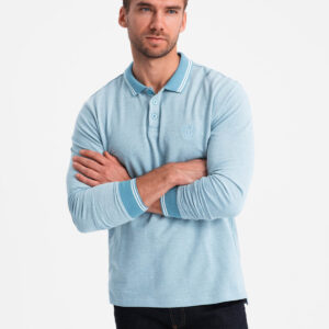 Melanżowy longsleeve męski polo z haftem – niebieski melanż V3