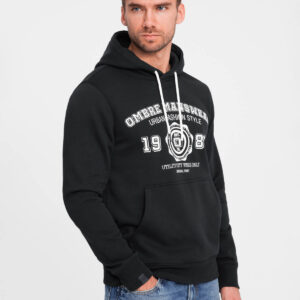 Bluza męska kangurka z kapturem i nadrukiem w stylu college – czarna V3