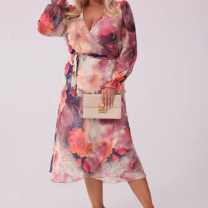 Szyfonowa kopertowa sukienka Mia w odcieniach beżu i pomarańczu PLUS SIZE XXL WIOSNA