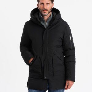Długa sezonowa męska kurtka w stylu outdoorowym – czarna V1