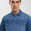 Koszula męska jeansowa z krótkim rękawem niebieska Short Sleeve Western 377
