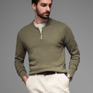 Sweter męski z wiskozą i rozpinanym dekoltem – oliwkowy V1