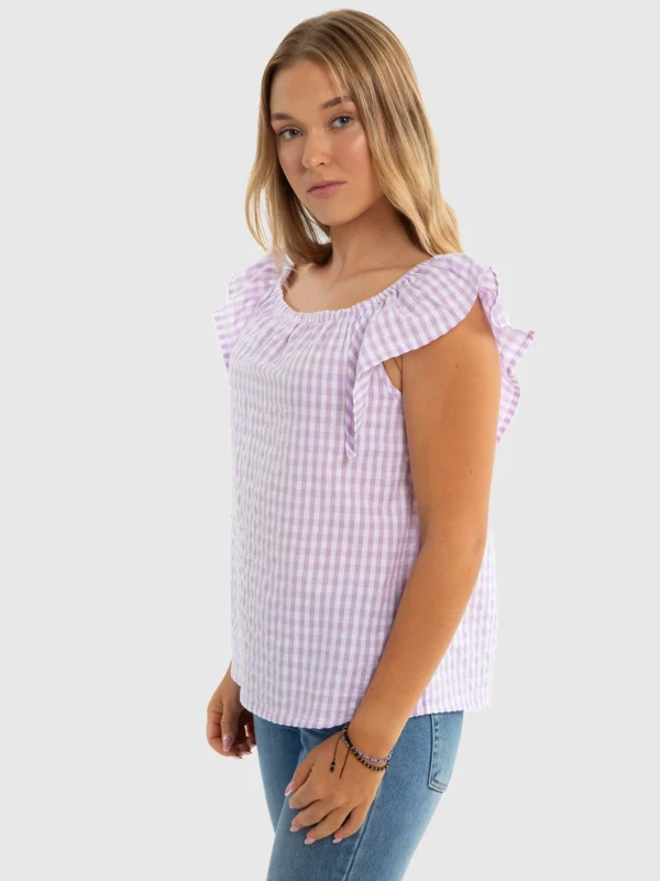 Bluzka dziewczęca ze strukturalnej tkaniny w kratkę fioletowa Kinga 500