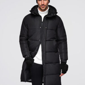 Pikowana długa męska kurtka z odpinanym kapturem – czarna V1