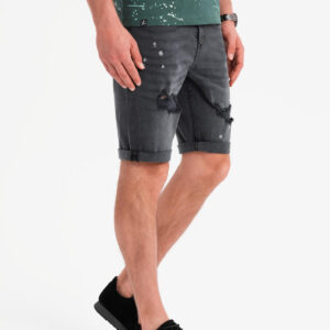 Męskie krótkie spodenki jeansowe z przetarciami i podwiniętą nogawką – szare V3