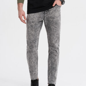 Spodnie męskie jeansowe marmurkowe z surowo wykończoną nogawką SLIM FIT - szare V1