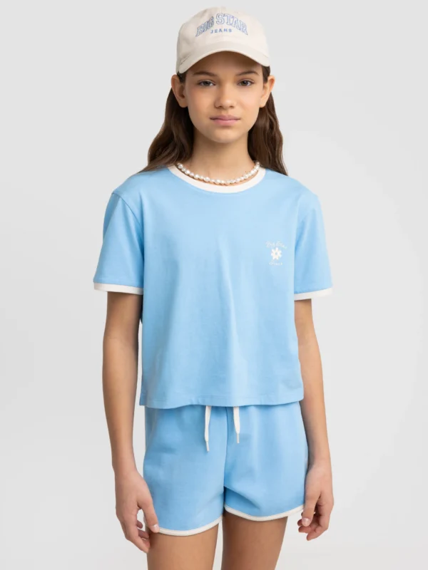 Koszulka dziewczęca wykoŅczona białą lamówką niebieska Estera 401