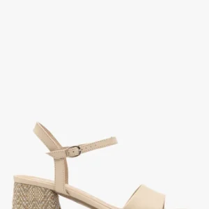 Beżowe sandały na dekoracyjnie obleczonym obcasie