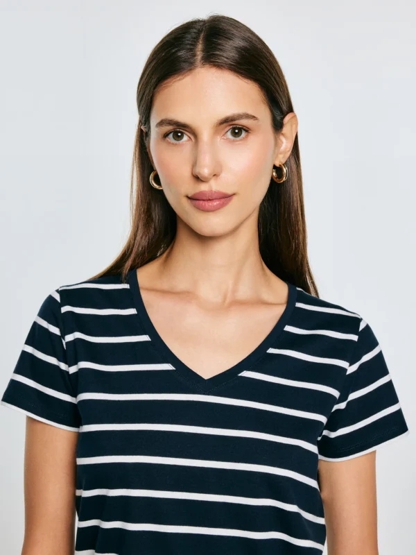 Koszulka damska z dekoltem v-neck w paski granatowa Retina 403