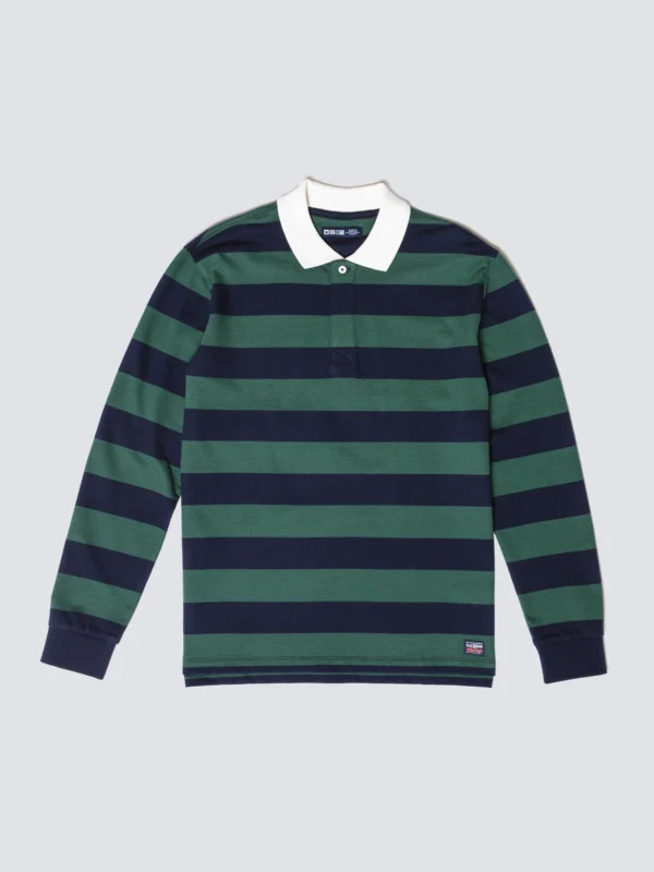 134adb9b0f17d4181ee1ea4fd91fa41168a5e9ee Koszulka męska polo z długim rękawem w pasy granatowo-zielona Miker 403