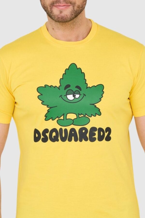 DSQUARED2 Żółty męski t-shirt z logo i zielonym liściem