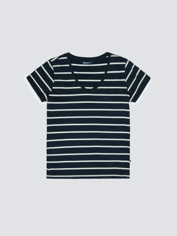 Koszulka damska z dekoltem v-neck w paski granatowa Retina 403