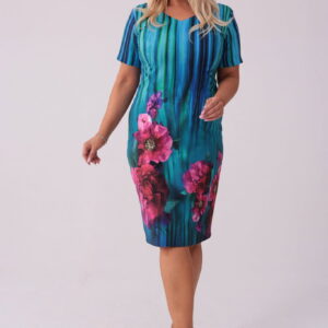Elegancka sukienka Dotty w odcieniach turkusu z delikatnym kwiatowym printem PLUS SIZE XXL WIOSNA