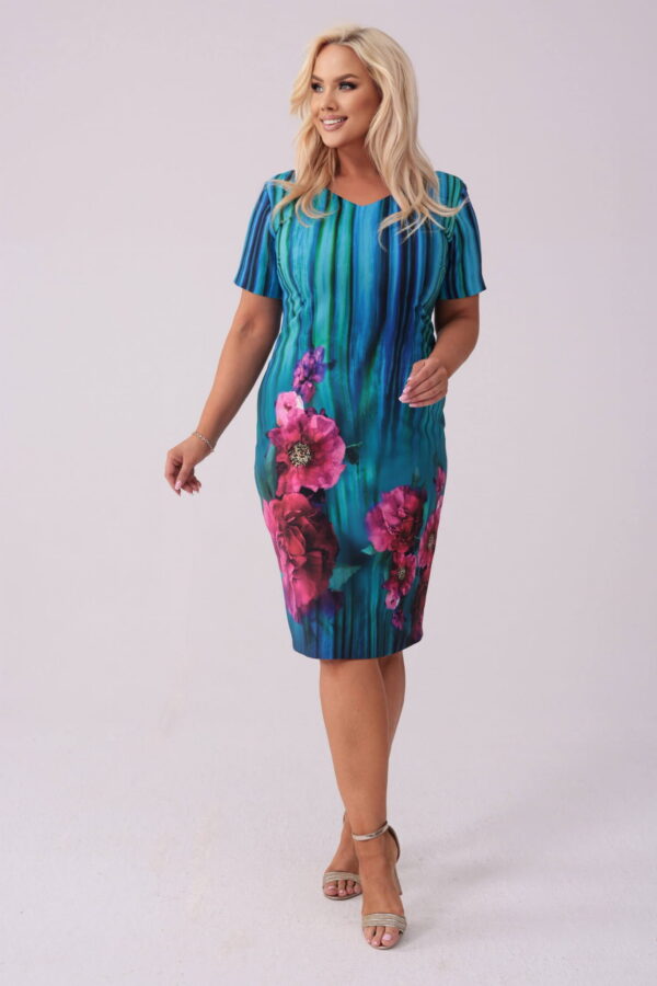 Elegancka sukienka Dotty w odcieniach turkusu z delikatnym kwiatowym printem PLUS SIZE XXL WIOSNA