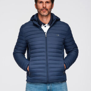 Klasyczna kurtka męska pikowana z możliwością pakowania w worek - granatowa V1