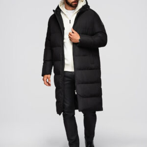 Męska klasyczna długa kurtka z kapturem – czarna V1