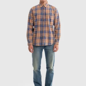 Koszula męska bawełniana w kratę granatowo-pomaraŅczową Indigis 402