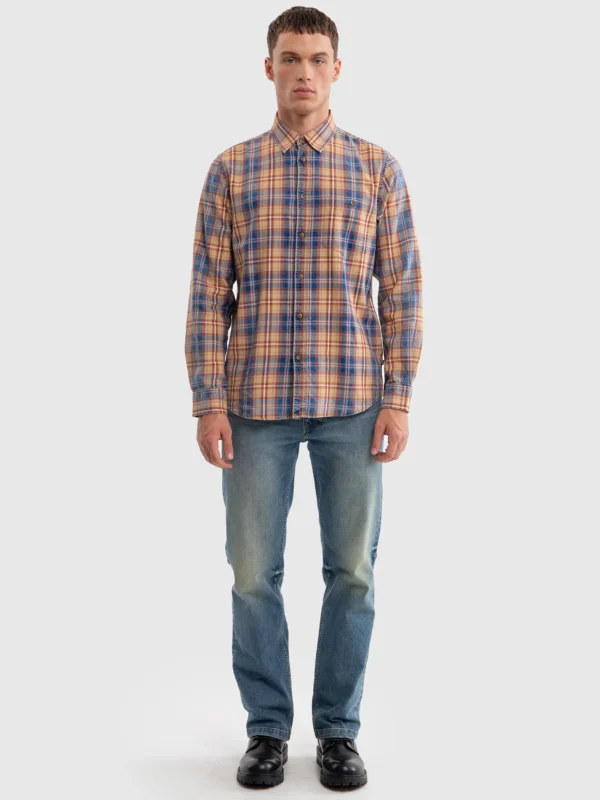 Koszula męska bawełniana w kratę granatowo-pomaraŅczową Indigis 402