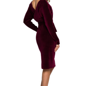 Sukienka welurowa ołówkowa midi z kopertowym dekoltem V bordowa