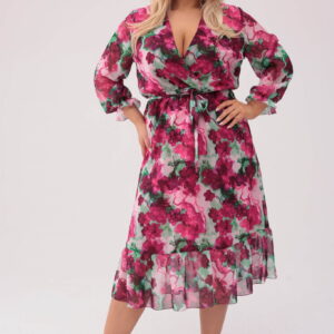 Szyfonowa sukienka w bordowo-czerwone kwiaty XXL OVERSIZE WIOSNA