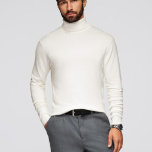 Jednokolorowy dzianinowy męski golf z wiskozą – biały V3