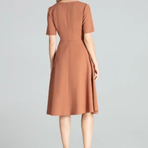 Rozkloszowana sukienka midi z dekoltem V brązowa