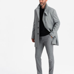 Wzorzysty jednorzędowy męski płaszcz z kieszeniami – szary V3