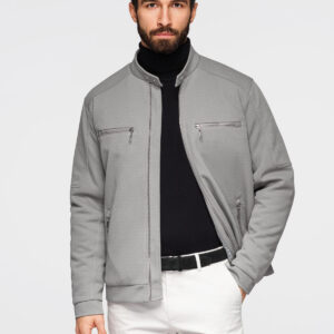 Męska kurtka typu biker z kieszeniami i stójką – szara V3